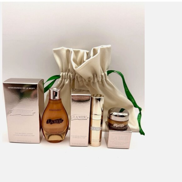 La Mer Genaissance 4 p Travel Gift set: Infused Lotion Serum Eye Cream Pouch New - Picture 2 of 5